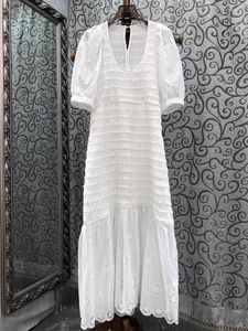 Party Dresses Cotton Long Dress 2024 Summer Evening Women O-Neck Hollow Out Embroidery Patchwork Short Sleeve White Black