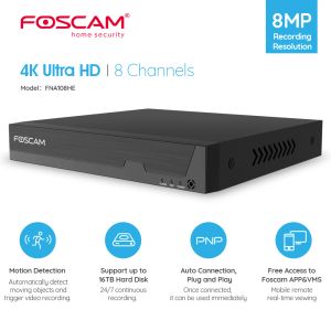 Inspelare Foscam 4K 8 Channel 8MP Network Video Recorder för säkerhetskamerasystem fungerar endast med 4K/5MP/4MP HD Foscam IP -kameror Poe NVR