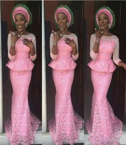 2018 nigerianische Kleider Abendkleidung mit Ärmel Scoop Neck Mermaid Peplum Pink Spitze Afrikanische Prom -Kleider1793721