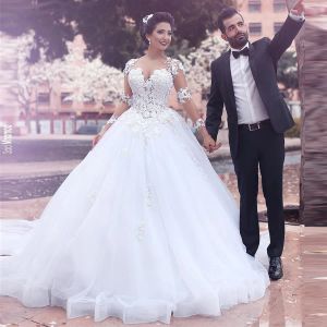 Платья Shiedmhamad Sweetheart Selline Sheer Lodice с кружевной аппликацией белое длинные рукава Свадебное платье Saudi Arabia Ball Gowns