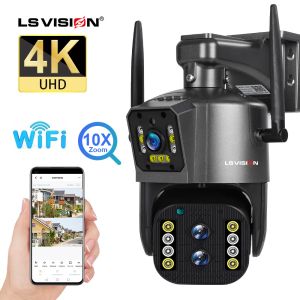 Kameror LS Vision 8MP 4K IP -kamera utomhus WiFi PTZ Three Lens Dual Screen 10x Optical Zoom Auto Tracking Watertproof Security CCTV Cam