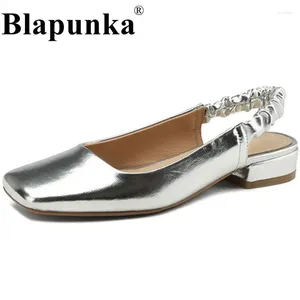 Casual Shoes Blapunka Real äkta läder slingback platt elastisk veckad rem fyrkantig tå kvinnor silver sandaler komfort skor