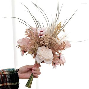 Decorative Flowers Artificial Peony Bouquet Pampas Champagne Big Fake Roses Home Table Room DIY Arrange Wedding Decorations Centerpiece