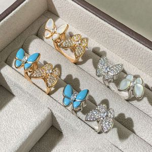 18K Gold Precision Lucky Clover Female Butterfly Ring with White Fritillaria Double Full Diamond Butterfly Ring and Turquoise Fashion Light Luxury