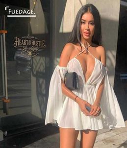 Fuedage Summer Chiffon White Sexy Dress Women Spaghetti Strap v Neck Mini Dresses Backless Ruffles Club Party Dress Vestidos5752461