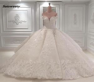 White Appliques Wedding Ball Gowns Custom Made Middle East Saudi Arabia Bridal Formal Maxi Gown Puffy Pleated Luxury Brides Gown5028301