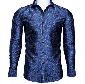 Men039s Dress Shirts BarryWang Fahsion Luxury Blue Paisley Silk Shirt Men Long Sleeve Casual Flower For Designer Fit BCY00321571800