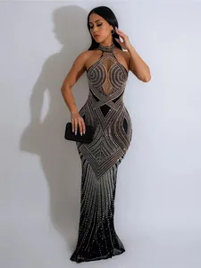 Lässige Kleider Idress Frauen sexy Strass Halterneck Rückenless Maxi Kleid eleganter Luxus sehen durch Mesh für Party Club Nacht Vestidos