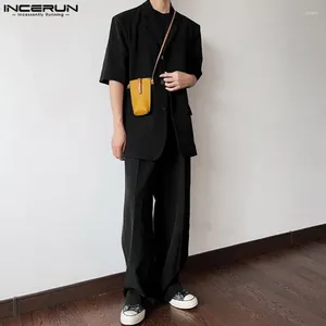 Men's Tracksuits Incerun 2024 Mens de estilo coreano Conjuntos de traje de manga curta Calças compridas colares masculinos simples elegantes 2 peças S-5xl