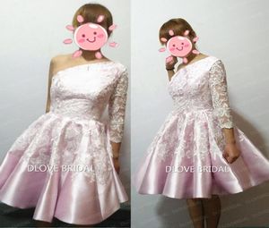 Real Po Pink Satin White Lace Cocktail Dresses One Shoulder Applique A Line Short 34 Long Sleeve Homecoming Dress Prom Party G4577827