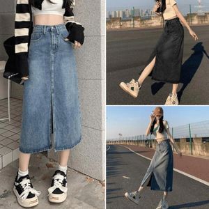 Skirts Loose Split Denim Skirt Retro Spring Summer Thin A-Line High Waisted Vintage Blue Straight Women Girl