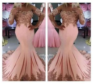 2018 Formal Middle East Prom Dresses Long Sleeves Lace Appliques Mermaid Evening Party Gowns Pearls Vestidos De Fiesta3363891