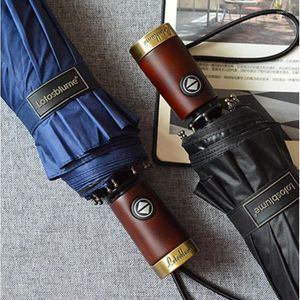 Umbrellas German Ten-Bone Reinforced Windproof Sun Protective Tri-Fold Automatic All-Weather Retro Wooden Handle Men's