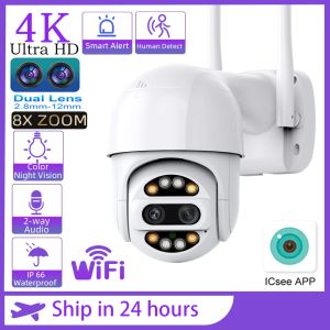 Câmeras lentes dupla 8x zoom 4k 8mp PTZ IP Wi -Fi Câmera de 2,8 mm 12mm de rastreamento humano Ai Câmera de vigilância de vídeo ao ar livre