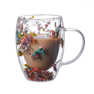 Vinglas 1 stycke Creative Double Wall Glass Mugg Cup med Dry Flower Sea Snail Conchs Glitters Fillings For Coffee Juice Milk