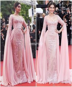 2019 Pink lace Appliqued Overskirt Evening Dresses Formal Party Gowns Zipper Back long poet sleeves Red Carpet Celebrity Dress Pro9357150