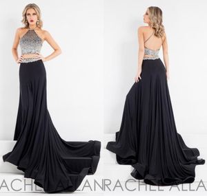 Prom Dresses Two Piece Halter Sparkling Crystal Pärled Formell cocktail Evening Black Dresses Custom Made6188130