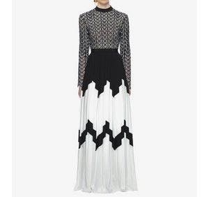 2022 Modne długie rękawy wieczorowe sukienka koronkowa haftowana plisowana pusta formalna czarno -biała szyfonowa impreza maxi sukienka maxi z 5582928