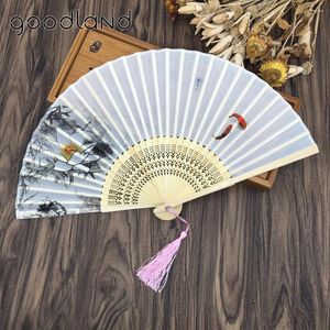 Decorative Figurines 50pcs Vintage Fancy Dress Costume Chinese Silk Bamboo Poem Lotus Flower Pattern Abanicos Para Boda