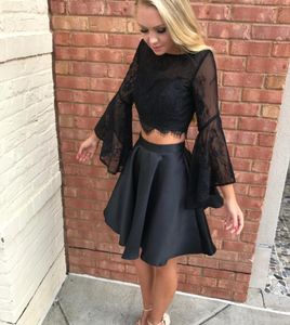 Long Sleeves Two Piece Black Homecoming Dresses Bateau Neck Lace Satin Backless Trumpet Short Prom Dresses Cheap Party Dresses7027000