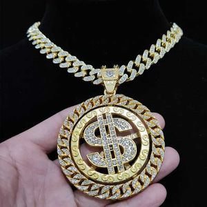 Naszyjniki wiszące mężczyzn Hip Hop lodowe Bling Rotatable Dollar Naszyjnik 13 mm szerokość łańcucha kubańskiego Hiphop Modna biżuteria 230613