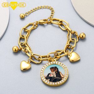 Strands ICELOUTBOTBOTBOL Multilayer Drop Heart Medallions personalizados Medalhões de bracelete dourado cor das mulheres Hip Hop Memórias personalizadas jóias