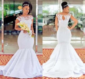 Dresses African Arabic White Ivory Wedding Dresses Mermaid Lace Appliques Beaded Sheer Scoop Neck Bridlal Gowns Plus Size Robe de soriee B