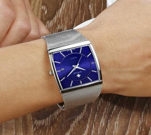 Wwoor Luxury Mens Rectangle Watch Fashion Sports Date Quartz Slim Watches Man Waterproof Steel Mesh Strap Blue Clock Male XFCS 2105391350