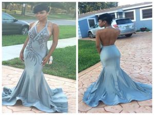 2018 Sexy Mermaid Prom Dresses V Neck Halter Appliques Beaded Spandex Backless Dusty Blue Evening Gowns African Girls Party Dresse2432947