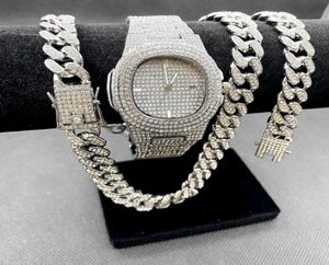 Wristwatches 32Pcs Necklace Watch Bracelet Hip Hop Miami Cuban Chain Gold Color Iced Out Paved Rhinestone Rapper Men Jewelry Set 3176903