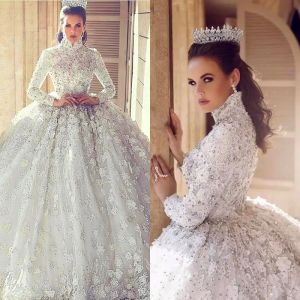 Dresses Gorgeous Rhinestones Muslim Wedding Dresses High Neck Long Sleeve Applique Lace Ball Gown Wedding Dresses Glittering Beaded Bridal