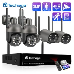 Sistema Techage 8CH HD 3MP Sistema de câmera de segurança sem fio Twoway Audio Smart Ai Detecção humana PTZ Câmera WiFi CECTV Conjunto de vídeos CCTV