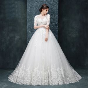 Dresses Scoop Neckline Half Sleeves High Quality Lace Applique See Through Wedding Gowns Ball Gowns Royal Train Bridal Dresses vestido cur