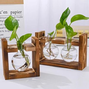 Vases Transparent Hydroponic Glass Wooden Frame Round Ball Vase Bayonet Container Retro Fun Home Countertop Decorat