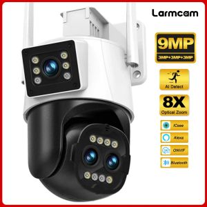 カメラ9MP 5K WiFiカメラ屋外8xズームPTZ IP CCTV 3レンズデュアルスクリーンセキュリティカメラ外部AIトラックICSEE監視カム