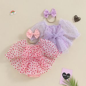 Född spädbarnsflickor Alla hjärtans dag Romper Dress Heart Print Long Puff Sleeve Mesh Tulle Jumpsuit Bow pannband 240325