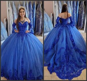 드레스 2020 New Royal Blue Long Sleeve Tulle Ball Gown Quinceanera 드레스 저렴한 달콤한 15 드레스 새로운 무도회 드레스 럭셔리 디자이너 Abendk