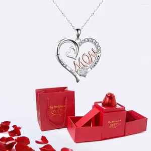 Pendant Necklaces Zircon MOM Heart Necklace With Rose Flower Gift Box For Mother Birthday Romantic Mother's Day 2024 Fashion Luxury Jewelry