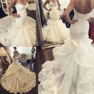 Dresses 2017 Spaghetti Lace Mermaid Wedding Dresses With Organza Ruched Long Train Back Covered Buttons Bridal Gowns Custom Made Wedding D