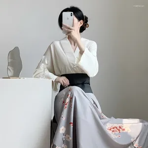 Sukienki robocze zmodyfikowane w stylu chińskim kwiat 2-częściowy strój damski: elegancka biała talia z długimi rękawem
