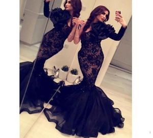 Nowe arabskie sukienki wieczorowe Syrenka z długim rękawem jedno ramię Czarne koronki koraliki długie formalne Arabia Saudyjska Dubai Sukienka Prom Tani impreza 2116726