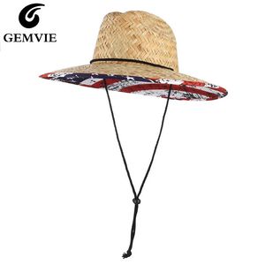 Gemvie Wide Brim Flag Lifeguard Straw Safari Hat For Men Women Summer Sun With Chin Cord 240402