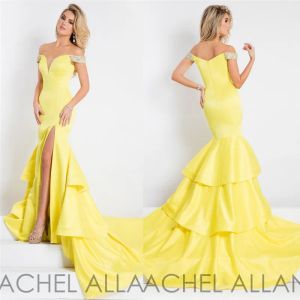 Dresses Rachel Allan Mermaid Prom Dresses Off Shoulder Neckline Split Evening Gowns Full Length Beads Light Yellow Prom Gowns