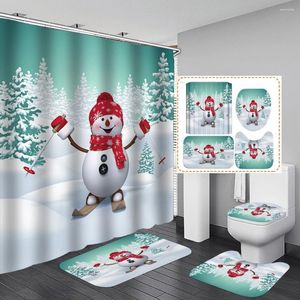 Duschvorhänge 3D Snowman Ski Muster Vorhang Badezimmer Frohe Weihnachten Nicht-Schlupfteppich Toiletten Cover Bad Matte Set Festival Dekor Dekor