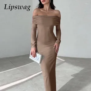 Casual Dresses Fashion Temperament Party Dress Elegant Slash Neck High midje Slim Robe Spring Sexy Off-Shoulder Hip Long Sleeved