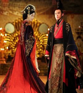 Asian Emperor Queen Royal Palace Wedding Gown Robe Dress Kinesisk Antika bröllop Hanfu Lång kostym Black Red Brud Groom Outfit4732097