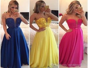 2021 Yellow Prom Dresses Custom Made Chiffon Billiga långa aftonklänningar Royal Blue A Line Sheer Jewel Cap ärmar med pärlor spets A4580376