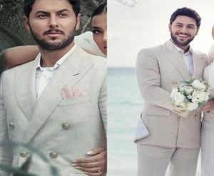 Beige linne bröllop tuxedos men039s kostymer för sommar strand brudgum bär 2 bit italiensk kappsetjacka med byxor skräddarsydd man F4499735