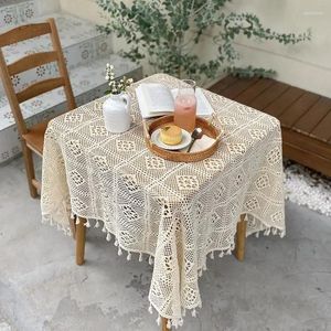 Table Cloth Hollow Crochet Lace Tablecloth Beige Cotton Thread Knitted Plaid Dining Fringed Circular Square Desktop Cover