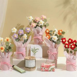 Decorative Flowers Glowing Knitted Flower Puff Buckets Bouquet Valentine's Day Gift Wool Home Decor Wedding Souvenirs Birthday Gifts